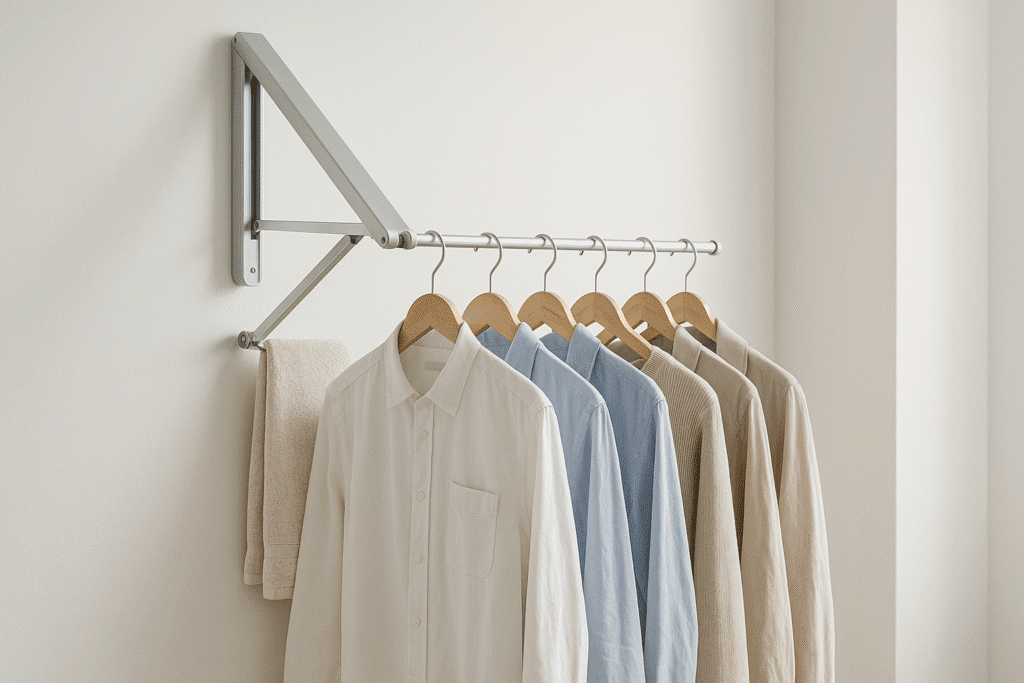Colgador de ropa plegable instalado en una pared de hogar moderno, con prendas colgadas y espacio optimizado