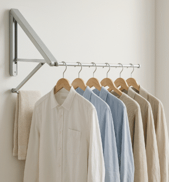 Colgador de ropa plegable instalado en una pared de hogar moderno, con prendas colgadas y espacio optimizado
