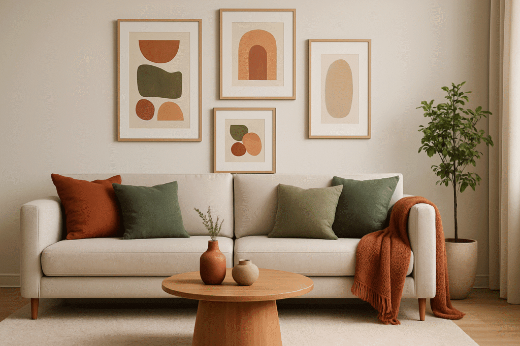 Cuadros decorativos en tonos tierra y verdes armonizando con la decoración de una sala moderna y acogedora