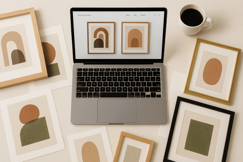 Vista desde arriba de una laptop navegando una tienda online de cuadros decorativos junto a impresiones de arte moderno y marcos variados