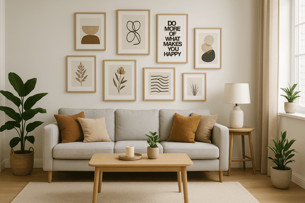 Decoración de sala moderna con cuadros decorativos minimalistas en pared principal