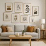 Decoración de sala moderna con cuadros decorativos minimalistas en pared principal