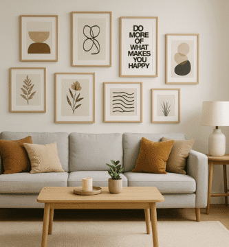 Decoración de sala moderna con cuadros decorativos minimalistas en pared principal