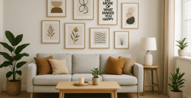 Decoración de sala moderna con cuadros decorativos minimalistas en pared principal