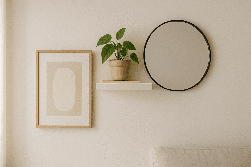 Decoración de pared pequeña con cuadro, estantería flotante y espejo redondo en estilo moderno y funcional