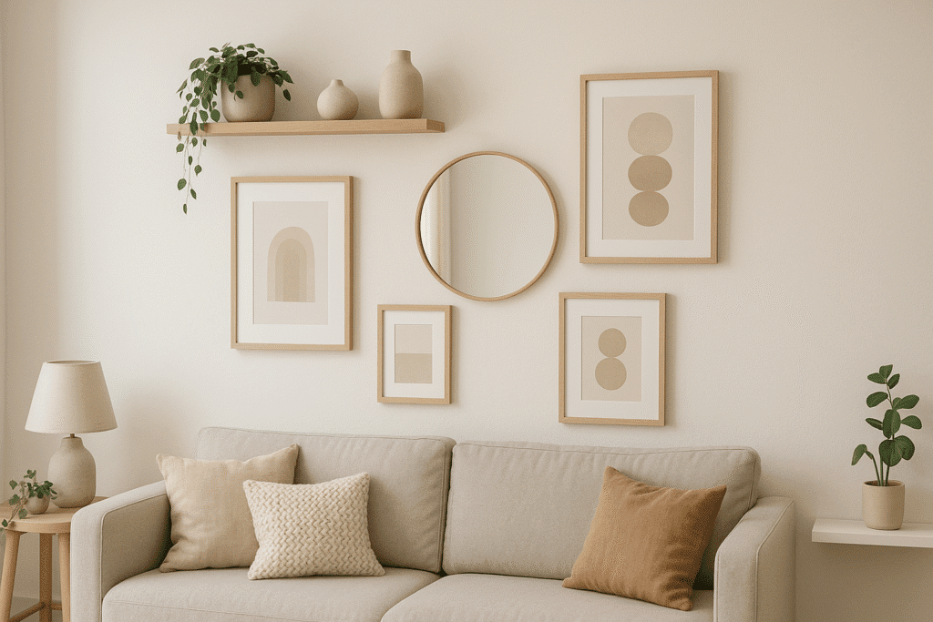Decoración de pared pequeña con cuadros, estante flotante y espejo en sala luminosa de estilo moderno