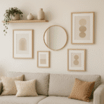 Decoración de pared pequeña con cuadros, estante flotante y espejo en sala luminosa de estilo moderno