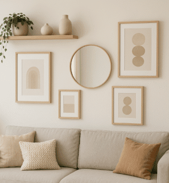 Decoración de pared pequeña con cuadros, estante flotante y espejo en sala luminosa de estilo moderno
