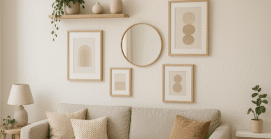 Decoración de pared pequeña con cuadros, estante flotante y espejo en sala luminosa de estilo moderno