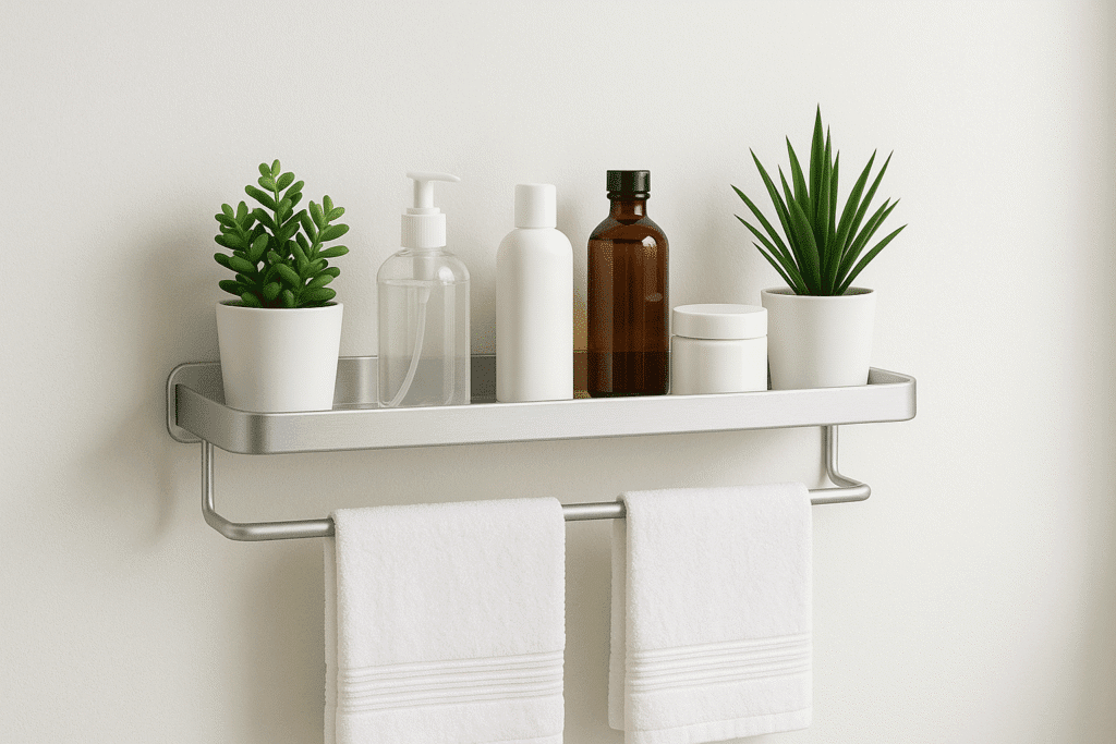Estante para baño moderno con productos organizados en pared blanca, optimizando espacio sin taladro
