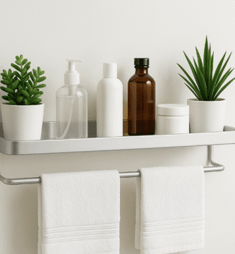 Estante para baño moderno con productos organizados en pared blanca, optimizando espacio sin taladro