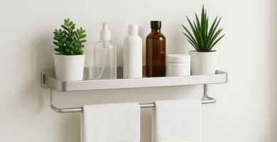 Estante para baño moderno con productos organizados en pared blanca, optimizando espacio sin taladro