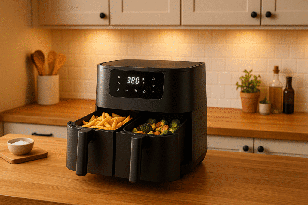 Freidora de aire doble compartimento cocinando papas y vegetales en cocina moderna