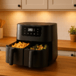 Freidora de aire doble compartimento cocinando papas y vegetales en cocina moderna