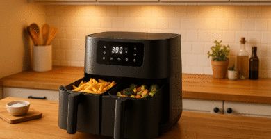 Freidora de aire doble compartimento cocinando papas y vegetales en cocina moderna