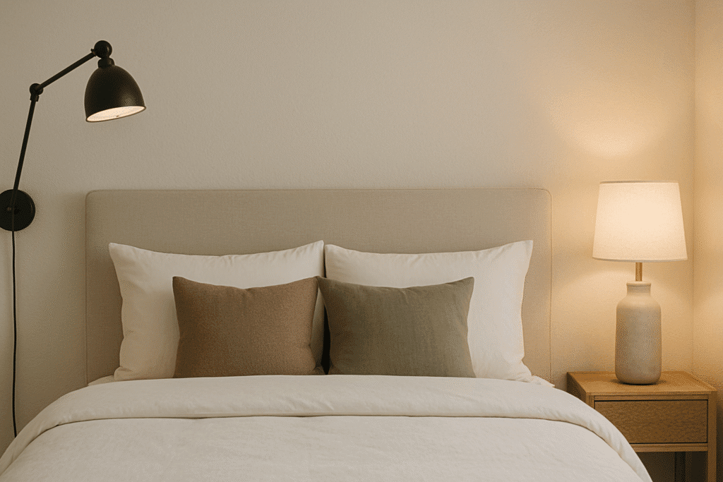 Lámparas de pared instaladas a los lados de la cama en un dormitorio moderno con luz cálida y decoración minimalista