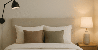 Lámparas de pared instaladas a los lados de la cama en un dormitorio moderno con luz cálida y decoración minimalista