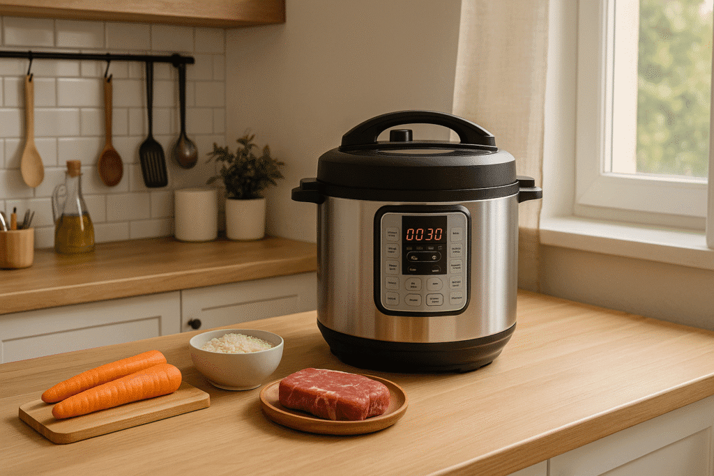 Olla a presión eléctrica multifuncional cocinando en una cocina moderna y ordenada