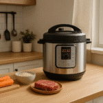 Olla a presión eléctrica multifuncional cocinando en una cocina moderna y ordenada