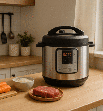 Olla a presión eléctrica multifuncional cocinando en una cocina moderna y ordenada