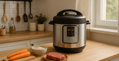 Olla a presión eléctrica multifuncional cocinando en una cocina moderna y ordenada