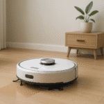 Robot que barre y trapea en una casa moderna, ilustración vectorial minimalista sin texto.