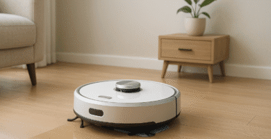 Robot que barre y trapea en una casa moderna, ilustración vectorial minimalista sin texto.