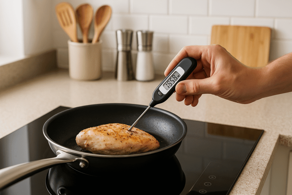 Uso de termómetro digital para carnes en cocina moderna para medir temperatura interna del pollo