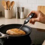 Uso de termómetro digital para carnes en cocina moderna para medir temperatura interna del pollo