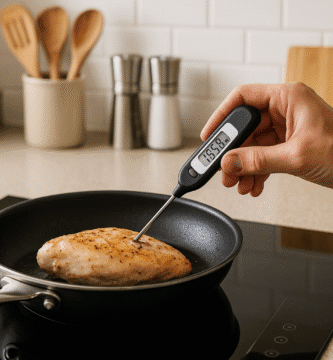 Uso de termómetro digital para carnes en cocina moderna para medir temperatura interna del pollo