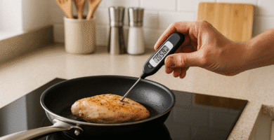 Uso de termómetro digital para carnes en cocina moderna para medir temperatura interna del pollo