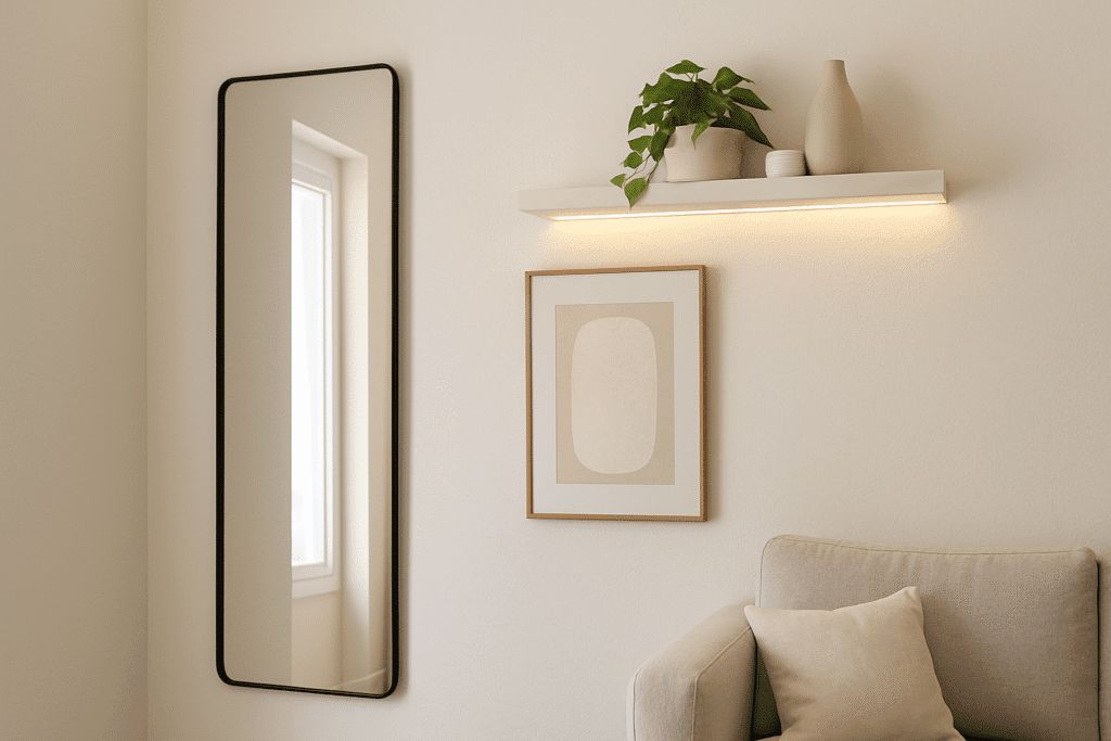 Trucos visuales para ampliar espacios pequeños con espejo vertical, cuadros y luz natural en pared clara
