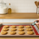 Tapete de silicona con galletas horneadas sobre bandeja en cocina moderna con luz natural