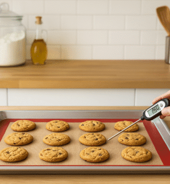 Tapete de silicona con galletas horneadas sobre bandeja en cocina moderna con luz natural