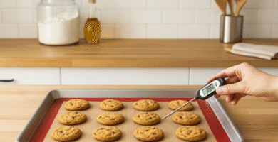 Tapete de silicona con galletas horneadas sobre bandeja en cocina moderna con luz natural